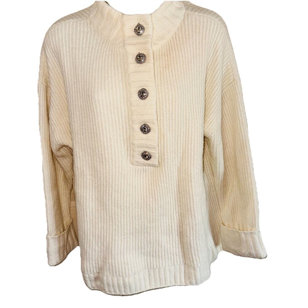 Talbots Jewel Button Henley Pullover Ribbed Sweater XL Petite Winter White